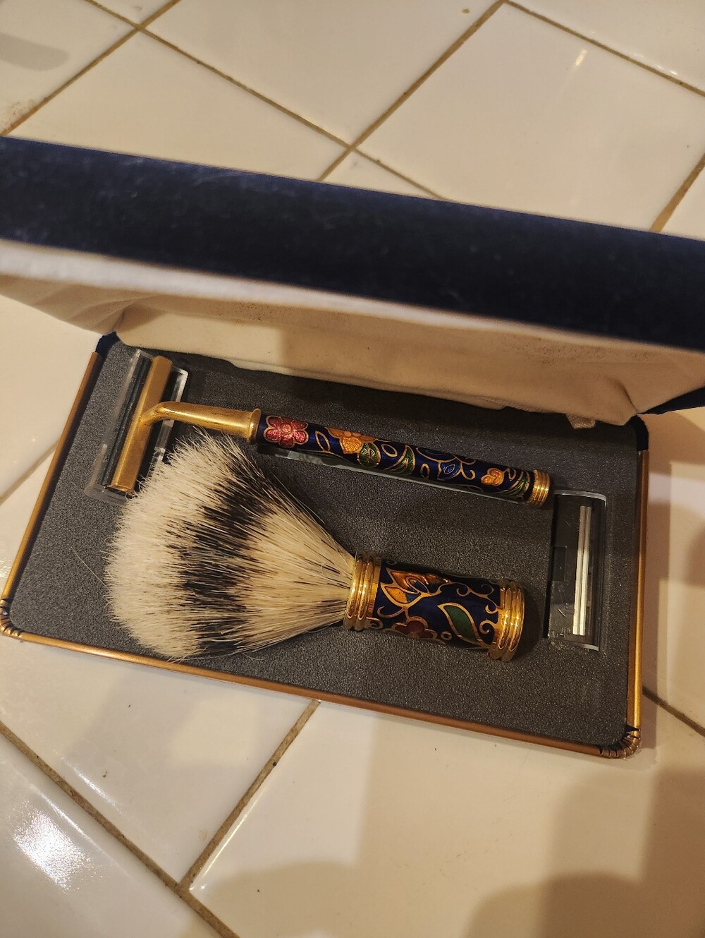 Vintage Blue & Gold Floral Safety Razor and Shaving Brush Set - Men Grooming